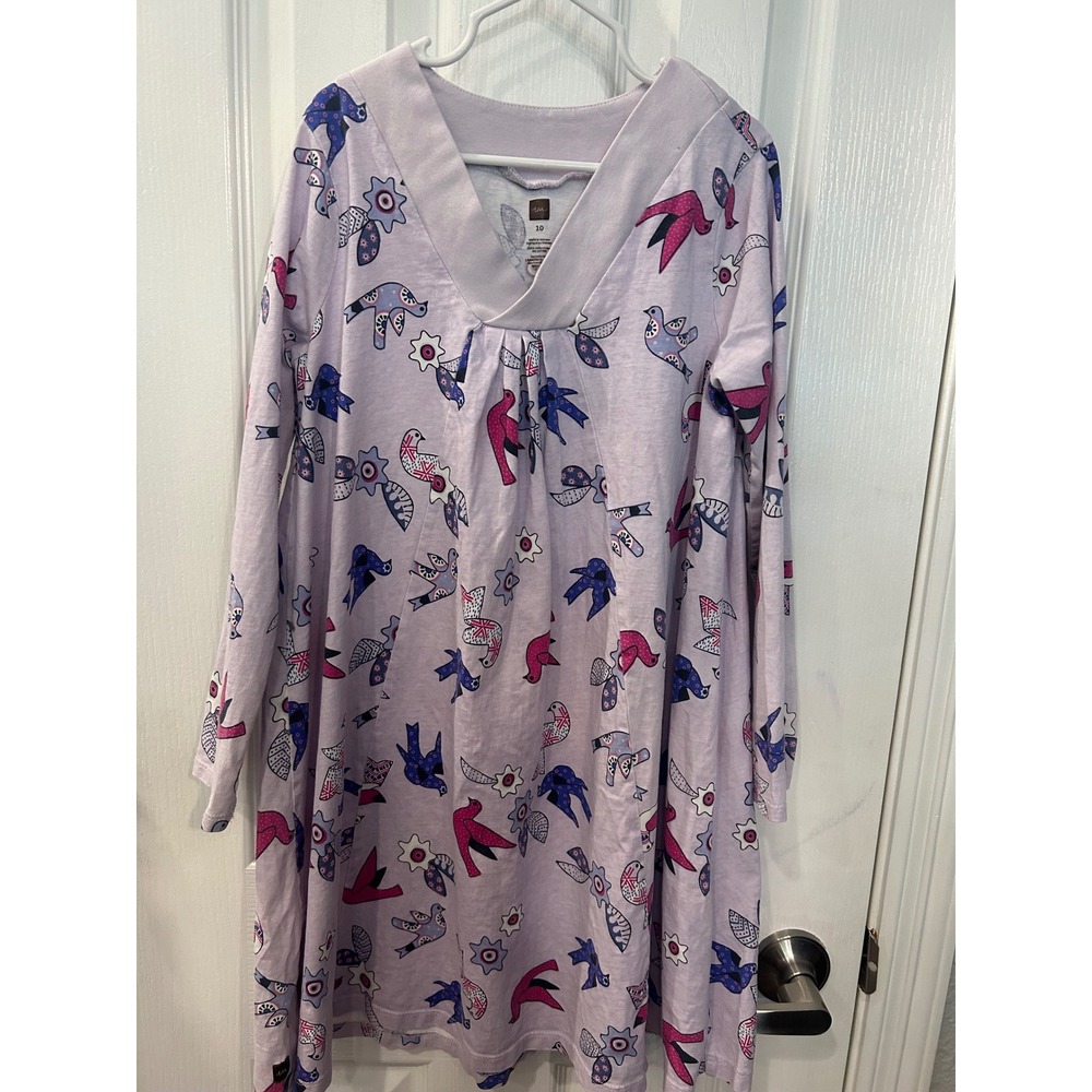 Tea Collection Dress Purple Bird Floral Long Sleeve Cotton Trapeze Kids 10 binnC